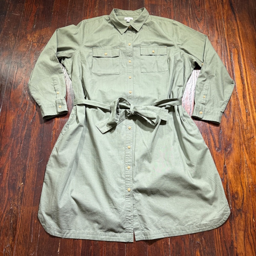 LL Bean Signature Dress Womens‎ 3XL Plus Green Collared Belted Long Sleeve Midi